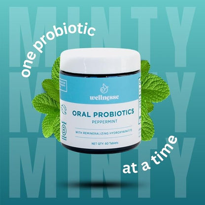 Wellnesse Oral Probiotics with Peppermint and Hydroxyapatite- Oral Probiotic for Fresh Breath, Strong Teeth, and Healthy Gums - Bad Breath Treatment for Kids and Adults