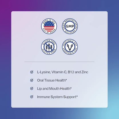 L-Lysine Supplement with Vitamin B12 + C + Zinc for Lip, Mouth, and Oral Tissue Health - Enhanced Wellness Support - Non-GMO, Gluten-Free - Made in USA - 60 Vegetable Capsules, 500mg