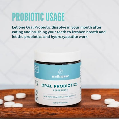 Wellnesse Oral Probiotics with Peppermint and Hydroxyapatite- Oral Probiotic for Fresh Breath, Strong Teeth, and Healthy Gums - Bad Breath Treatment for Kids and Adults