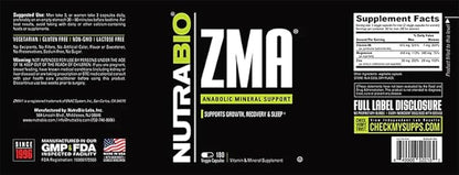 NutraBio ZMA Vegetable Supplement - Anabolic Mineral Support - 180 Capsules - Recovery, Growth, Sleep - Zinc, Magnesium, and B6 Formula