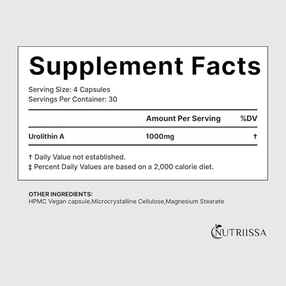 Nutriissa Urolithin A 1000mg - Advanced Cellular Rejuvenation, Muscle Strength - EPEB Certified for Purity & Potency - Vegan, 120 Capsules