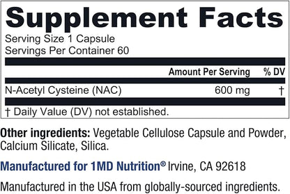 1MD Nutrition NAC Supplement N-Acetyl Cysteine - NAC 600 mg - Antioxidant Supplement Supports Detox and Glutathione Production - N Acetylcysteine Respiratory Supplement for Lung Health - 60 Capsules