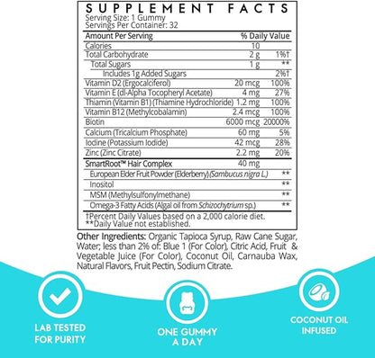 Sugarbear Hair Vitamin Gummy 1 Month Supply & 1 Pure Batana Natural Hair Growth Oil-Extra Strength Biotin 6000mcg, Women, Men, Vegan Vitamin B12, MSM, Inositol, Elderberry, Kosher, Halal, Cruelty-Free