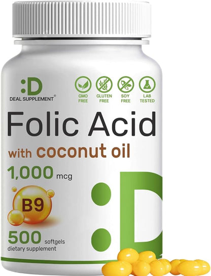 DEAL SUPPLEMENT Folic Acid 1000 mcg (1 mg), 500 Coconut Oil Softgels | Bioavailable Prenatal Vitamins (Vitamin B9) – 1,667 mcg DFE – Easy to Swallow, Non-GMO, & No Gluten