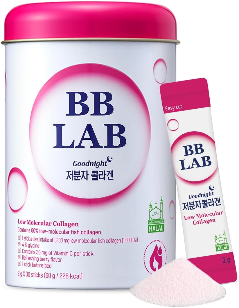 BB LAB Good Night Low Molecular Collagen Powder Stick Supplement, Halal Certified, Korean Marine Collagen, Fish Collagen Peptides, Vitamin C, Glycine, Fast Absorption, Mix Berry Flavor