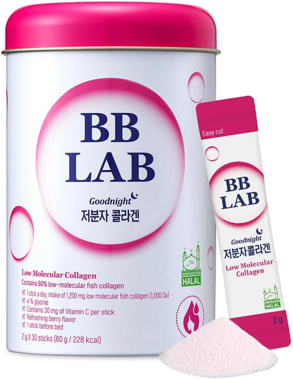BB LAB Good Night Low Molecular Collagen Powder Stick Supplement, Halal Certified, Korean Marine Collagen, Fish Collagen Peptides, Vitamin C, Glycine, Fast Absorption, Mix Berry Flavor