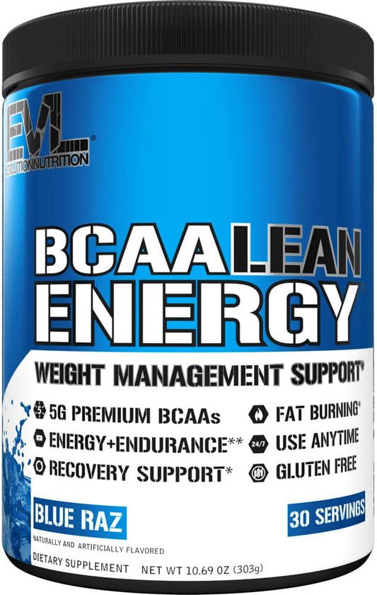 EVL BCAA Lean Energy Powder - Pre Workout Green Tea Fat Burner Support with BCAAs Amino Acids and Clean Energizers - BCAA Powder Post Workout Recovery Drink for Lean Muscle Recovery - Blue Raz