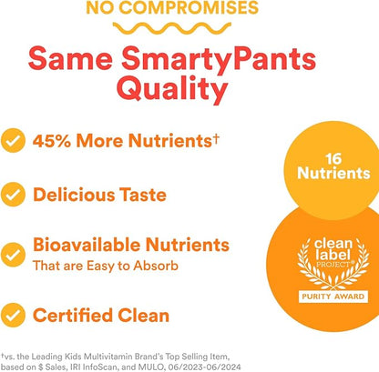 SmartyPants Kids Multivitamin Gummies - Improved Formula: Omega 3 (DHA/EPA), Vitamins D3, C, B12, B6, Vitamin A, K & Zinc, Gluten Free, Three Fruit Flavors, 60 Count (30 Day Supply)