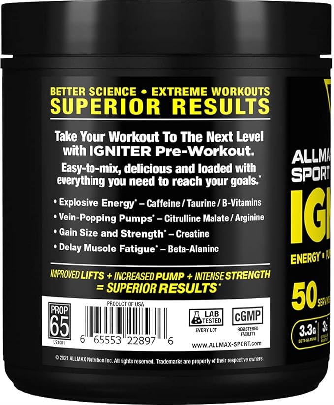 ALLMAX IGNITER Sport, Blue Raspberry - 330 g - Pre-Workout Formula - with Caffeine, L-Citrulline, L-Arginine, Creatine & Beta Alanine - Up to 50 Servings