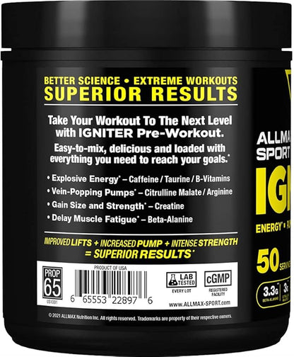 ALLMAX IGNITER Sport, Blue Raspberry - 330 g - Pre-Workout Formula - with Caffeine, L-Citrulline, L-Arginine, Creatine & Beta Alanine - Up to 50 Servings