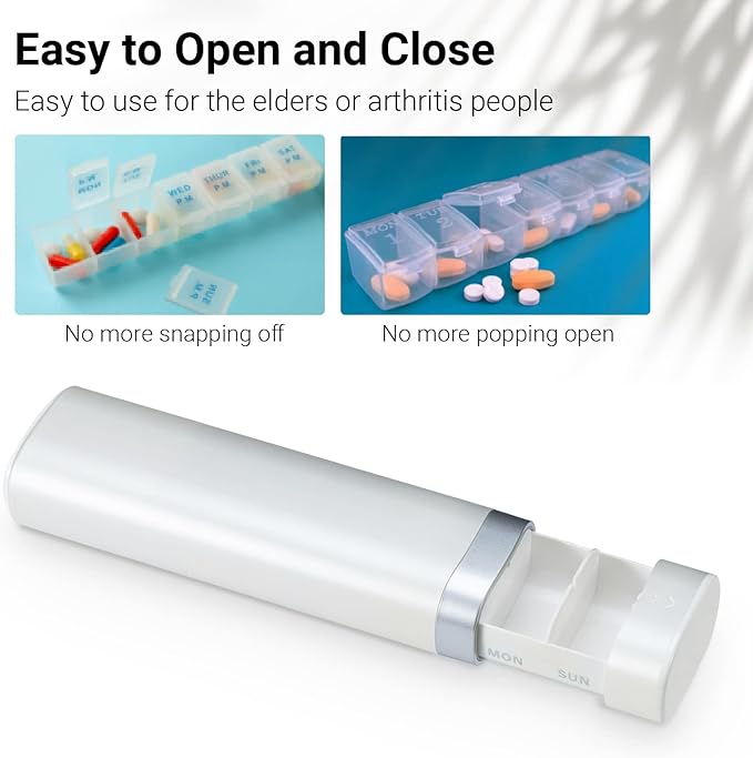 Weekly Pill Organizer 7 Day, Betife Daily Pill Box, Travel Pill Case, Cute Pill Holder to Hold Vitamins, Medicines, Supplements, Pills Organizer (Pearl White)