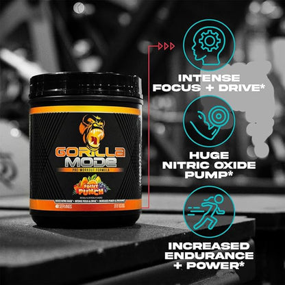 Gorilla Mode Pre Workout - Massive Pumps · Laser Focus · Energy · Power - L-Citrulline, Creatine, L-Tyrosine, Betaine, Hydroprime®, Alpha-GPC, 400mg Caffeine, Huperzine A – 808g (White Gummy Bear)