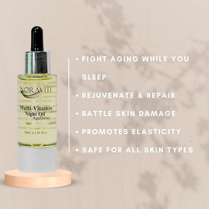 AgeDelay Multi-Vitamin Night Facial Oil - Intensive Skin Tightening Oil & Moisturizer - Nourishes Protects & Rejuvenates - Antioxidant Serum w/Vitamin E, Omega 3,6,9 & Seaweed - 30ml