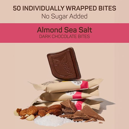 AWAKE - Caffeinated Chocolate Bites - Almond Sea Salt Dark Chocolate (No Sugar Added), 50 Bites - 50mg Caffeine - Energy Bites - Coffee Alternative - Fairtrade, Gluten Free, Non GMO - 0.48oz