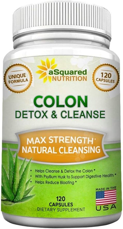 aSquared Nutrition Pure Colon Cleanse for Weight Loss - 120 Capsules, Max Strength, Natural Colon Detox Cleanser, Colon Cleansing Diet Supplement Blend for Digestive Health, Diet Pills for Men & Women
