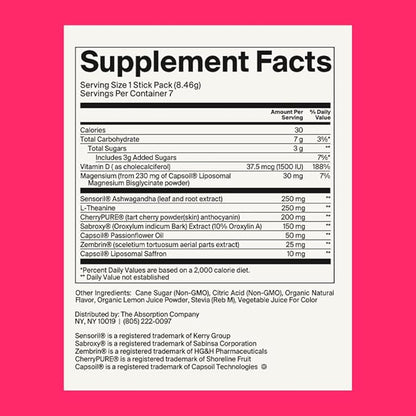 Calm Drink Mix - Relaxation Aid with Magnesium, Ashwagandha, L-Theanine, & Vitamin D - Supports Cortisol Regulation and Mood for Men & Women - Watermelon Lemonade Flavor 7 Sticks