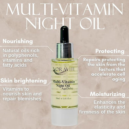 AgeDelay Multi-Vitamin Night Facial Oil - Intensive Skin Tightening Oil & Moisturizer - Nourishes Protects & Rejuvenates - Antioxidant Serum w/Vitamin E, Omega 3,6,9 & Seaweed - 30ml
