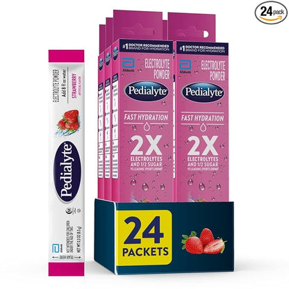Pedialyte Fast Hydration Electrolyte Powder Packets, Strawberry, Hydration Drink, 24 Single-Serving Powder Packets
