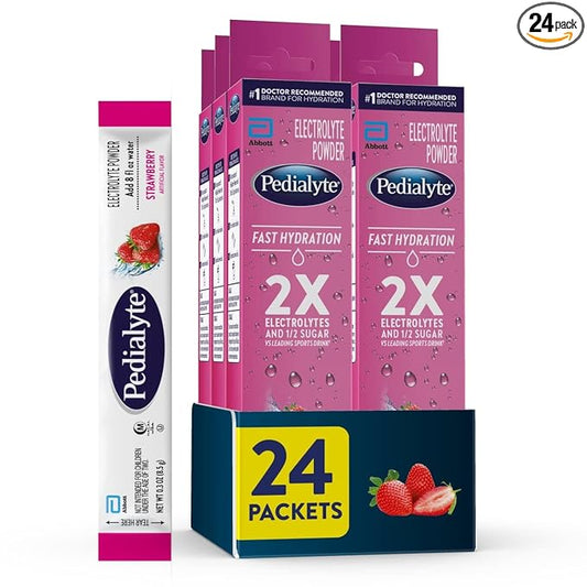 Pedialyte Fast Hydration Electrolyte Powder Packets, Strawberry, Hydration Drink, 24 Single-Serving Powder Packets