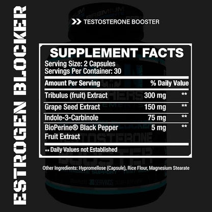 Testosterone Booster for Men with Estrogen Blocker - Natural Anti-Estrogen Supplement to Increase Libido & Strength - Boost Muscle Growth & Weight Loss - Indole 3 Carbinol & Tribulus -60 Capsules