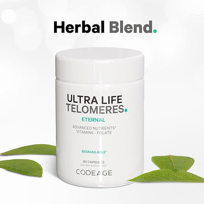 Codeage Ultra Life Telomeres Supplement - 5 MTHF Folate Vitamin B9, Vitamin B12 Methylcobalamin, Vitamin D3, L-Theanine, Ashwagandha - 3-Month Supply - DNA, Methylation Cycle - Non-GMO - 90 Capsules