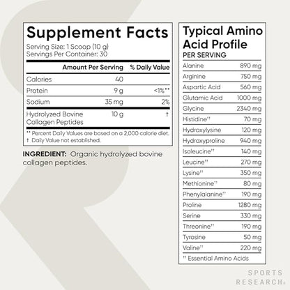 Sports Research­® Organic Collagen Peptides - Hydrolyzed Type I & III Collagen Protein Powder Made Sustainably from Grass-Fed Cows - Unflavored - 30 Servings