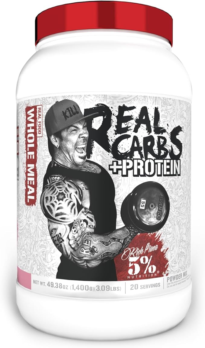 5% Nutrition Rich Piana Real Carbs + Protein | Clean Mass Gainer Protein Powder | Real Food Carbohydrate Fuel for Pre Workout/Post-Workout Recovery Meal | 3 lb, 20 Srvgs (Birthday Cake + Protein)