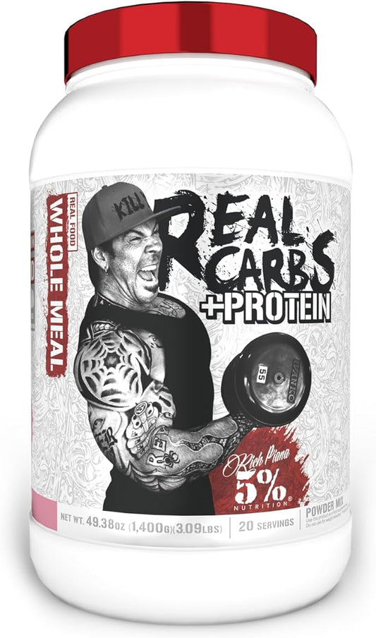 5% Nutrition Rich Piana Real Carbs + Protein | Clean Mass Gainer Protein Powder | Real Food Carbohydrate Fuel for Pre Workout/Post-Workout Recovery Meal | 3 lb, 20 Srvgs (Birthday Cake + Protein)