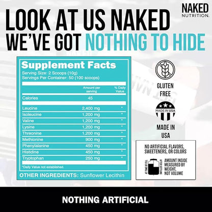 Naked Eaas Amino Acids Powder - 50 Servings - Vegan Unflavored Essential Amino Acids 500 Grams - Instantized All Natural Eaa Powder Supplement