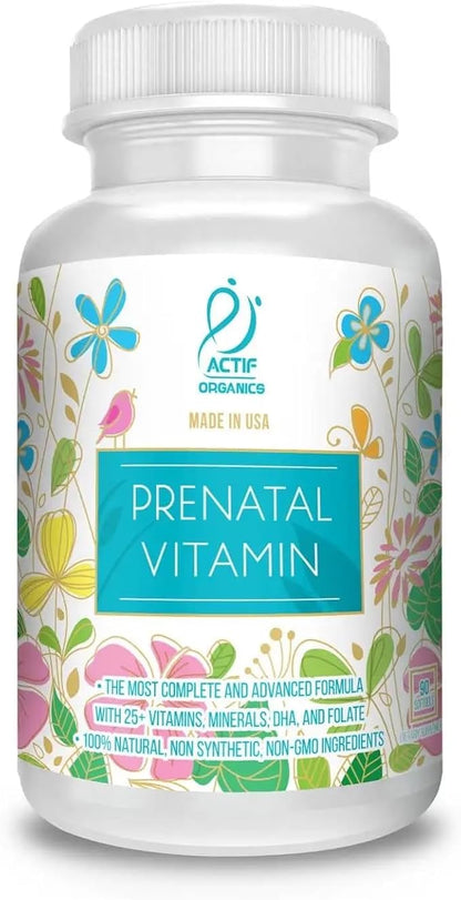 ACTIF Organic Prenatal Vitamin with 30+ Organic Vitamins, 100% Natural, DHA, EPA, Omega 3, and Organic Herbal Blend - Non-GMO, 90 Count, 2024 Formula
