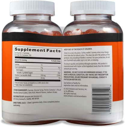 Amazon Basics Vitamin C 250 mg Gummies, Orange, 300 Count (2 Packs of 150), 2 per Serving (Previously Solimo)