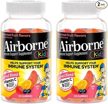 Airborne Kids 500mg Vitamin C Gummies, Kids Immune Support Zinc Gummies with Powerful Antioxidants VIT C & E - 63 Gummies, Assorted Fruit Flavor (Pack of 2)