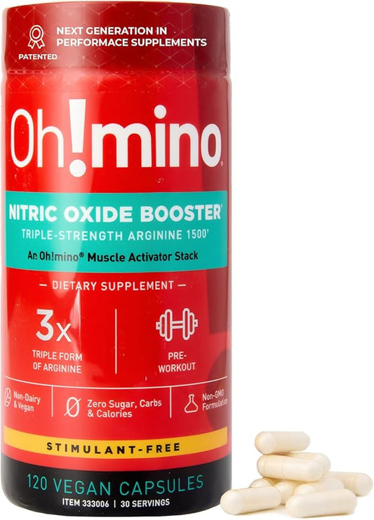 Oh!mino Nitric Oxide Supplement Activator Booster, Triple Strength L-Arginine for Energy, Endurance, Muscle Growth Builder, Pre Post Workout Pills - Natural Beet Root Powder, 30 Servings 120 Capsules