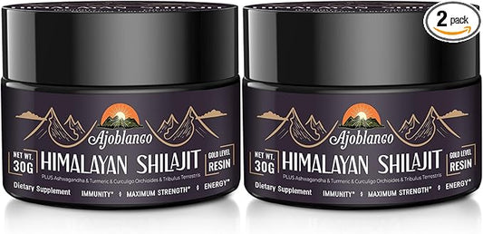 Ajoblanco 600mg Shilajit Pure Himalayan Organic Shilajit Resin - Himalayan Shilajit Resin with Organic Ayurvedic Blend in High Potency for Energy, Strength & Immunity, Pack of 2
