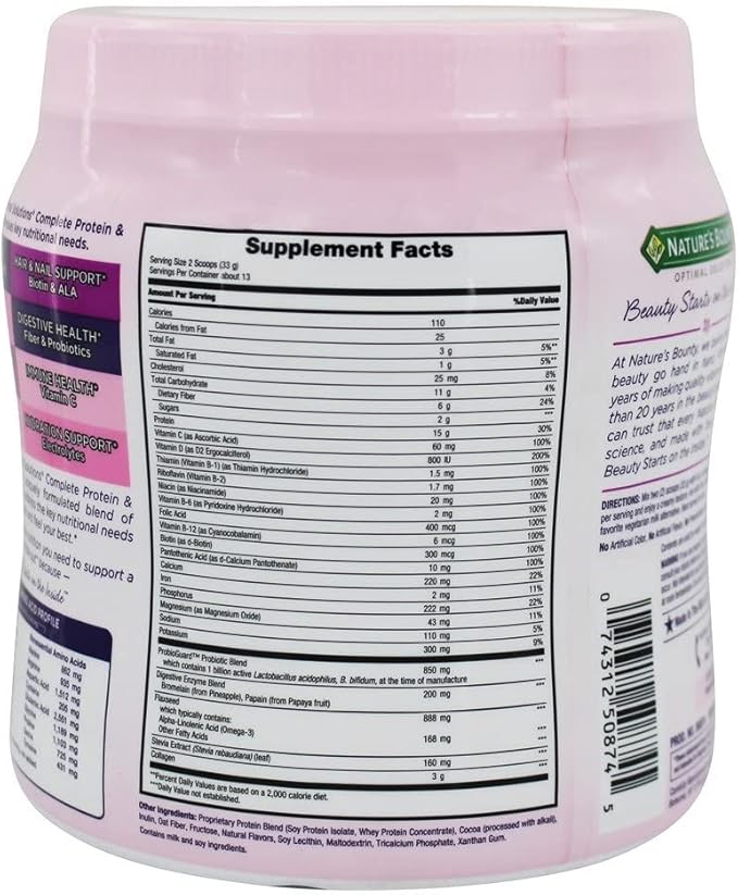 Complete Protein & Vitamin Shake Mix by Nature's Bounty Optimal Solutions, Contains Vitamin C for Immune Health, Decadent Chocolate Flavor, 1 lb
