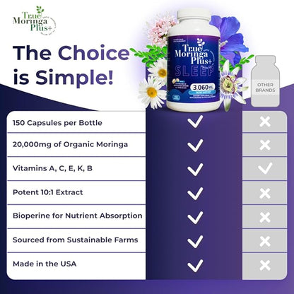 Sleep Support Supplement 10:1 Extract | 20,000mg of Organic Moringa, Chamomile, Passion Flower, Valerian Root, Hibiscus for Relaxation | Natural Sleep Aid for Adults (150 Capsules)