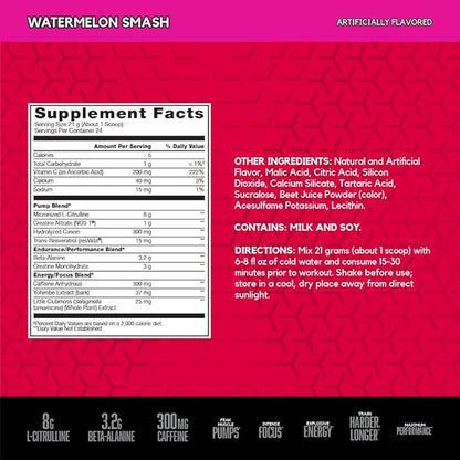 BSN N.O.-XPLODE Vaso Pre Workout Powder with 8g of L-Citrulline and 3.2g Beta-Alanine and Energy, Flavor: Watermelon Smash, 24 Servings