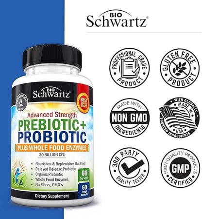 Prebiotics and Probiotic with Whole Food Enzymes for Adults Women & Men - Probiotics Lactobacillus Acidophilus - Digestive Health Capsules Shelf Stable Supplement - Non-GMO Gluten & Dairy Free -60ct