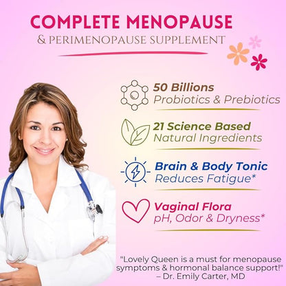 Lovely Menopause Supplement for Women - Hormone Balance, Hot Flashes, Mood Swings, Night Sweats & Vaginal Health, Dryness Relief - Black Cohosh, Dong Quai, Ashwagandha & Probiotics, 60 ct