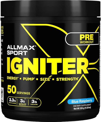 ALLMAX IGNITER Sport, Blue Raspberry - 330 g - Pre-Workout Formula - with Caffeine, L-Citrulline, L-Arginine, Creatine & Beta Alanine - Up to 50 Servings