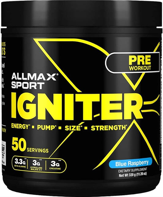 ALLMAX IGNITER Sport, Blue Raspberry - 330 g - Pre-Workout Formula - with Caffeine, L-Citrulline, L-Arginine, Creatine & Beta Alanine - Up to 50 Servings