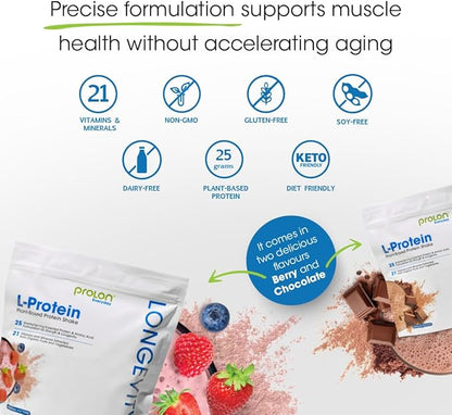 ProLon Longevity Plant Based Protein Powder | Muscle Synthesis & Repair, Healthy Aging, Boost Performance | Vitamins, Gluten Free, Amino Acids, Antioxidants | 25g of Protein | Chocolate, 12 Packets