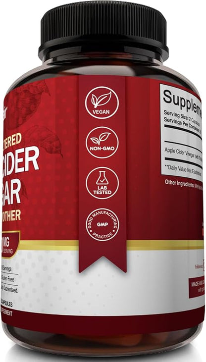 Apple Cider Vinegar Capsules with The Mother - 120 Vegan ACV Pills - Best Supplement for Healthy Weight Loss, Diet, Keto, Digestion, Detox, Immune - Powerful Cleanser & Appetite Suppressant Non-GMO