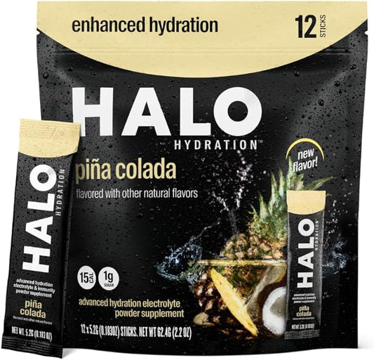 Halo Hydration - Electrolyte Drink Mix | Hydration Powder Packets | Pina Colada Flavor – for Sports and Cycling | Easy Open Single Serving Stick | 12 Sticks