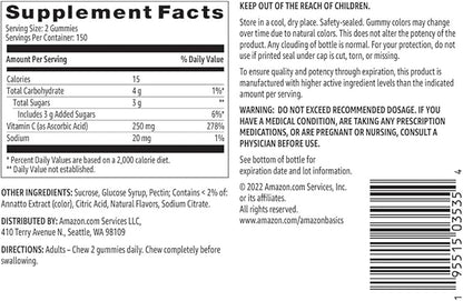 Amazon Basics Vitamin C 250 mg Gummies, Orange, 300 Count (2 Packs of 150), 2 per Serving (Previously Solimo)