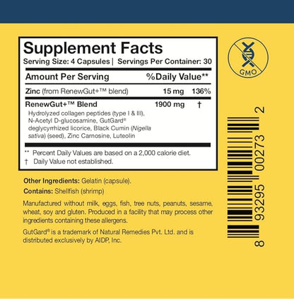 Researched Nutritionals RenewGut+ - GI Complex to Support Gut Lining, Healthy Histamine Levels & Digestive Health - Collagen Peptides, Zinc Carnosine, DGL & N Acetyl Glucosamine (120 Capsules)