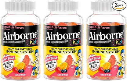 Airborne Kids 500mg Vitamin C Gummies, Kids Immune Support Zinc Gummies with Powerful Antioxidants VIT C & E - 63 Gummies, Assorted Fruit Flavor (Pack of 3)
