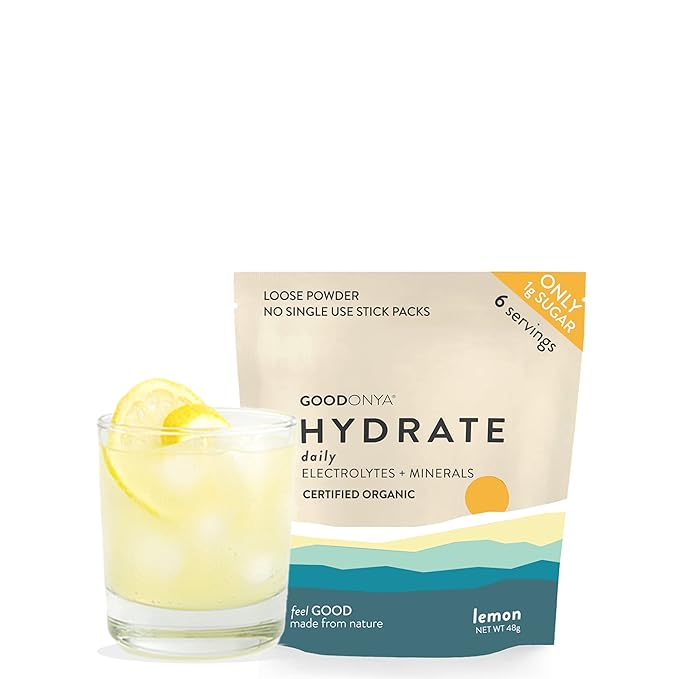 GOODONYA Organic Hydration Electrolyte Powder | Lemon, Coconut Water, Magnesium, Himalayan Pink Salt | Only 1g Sugar, No Artificial Flavors | USDA Organic & Plant-Based | 6 Servings