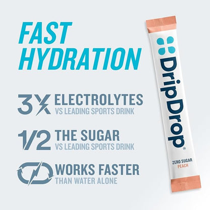 DripDrop Hydration - Zero Sugar Peach - Electrolyte Drink Mix Single Serve Hydration Powder Packets | Non-GMO, Gluten Free, Vegan | 32 Sticks