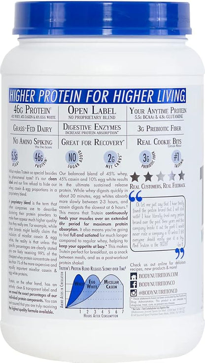 Body Nutrition Trutein High Protein Powder: 45% Whey, 45% Casein, 10% Egg White Protein Shake Mix, Low Sodium, Low Carb Protein Supplement Powder for Men & Women, Cookies & Cream, 2lb